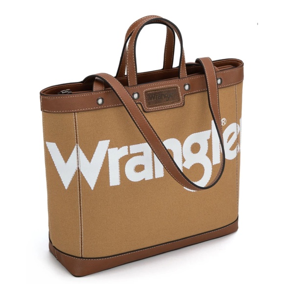 NWT Original WRANGLER Large Graphic Canvas Tote Bag Brown Tan Studded Leather - Picture 1 of 10